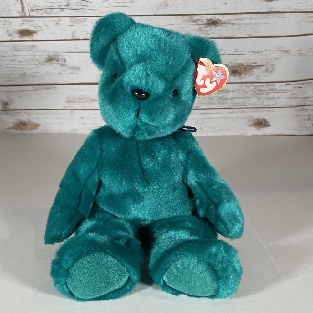 Vintage TY‎ Beanie Buddy Teal Teddy Bear 14 Retired Plush w/tag